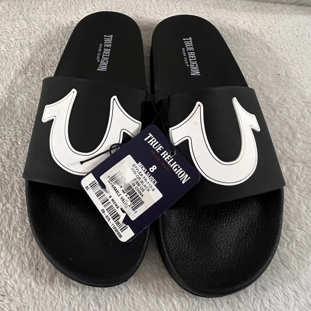 True Religion Men's TR-112-S Black & White Logo Slide Sandals Lightweight Size 8